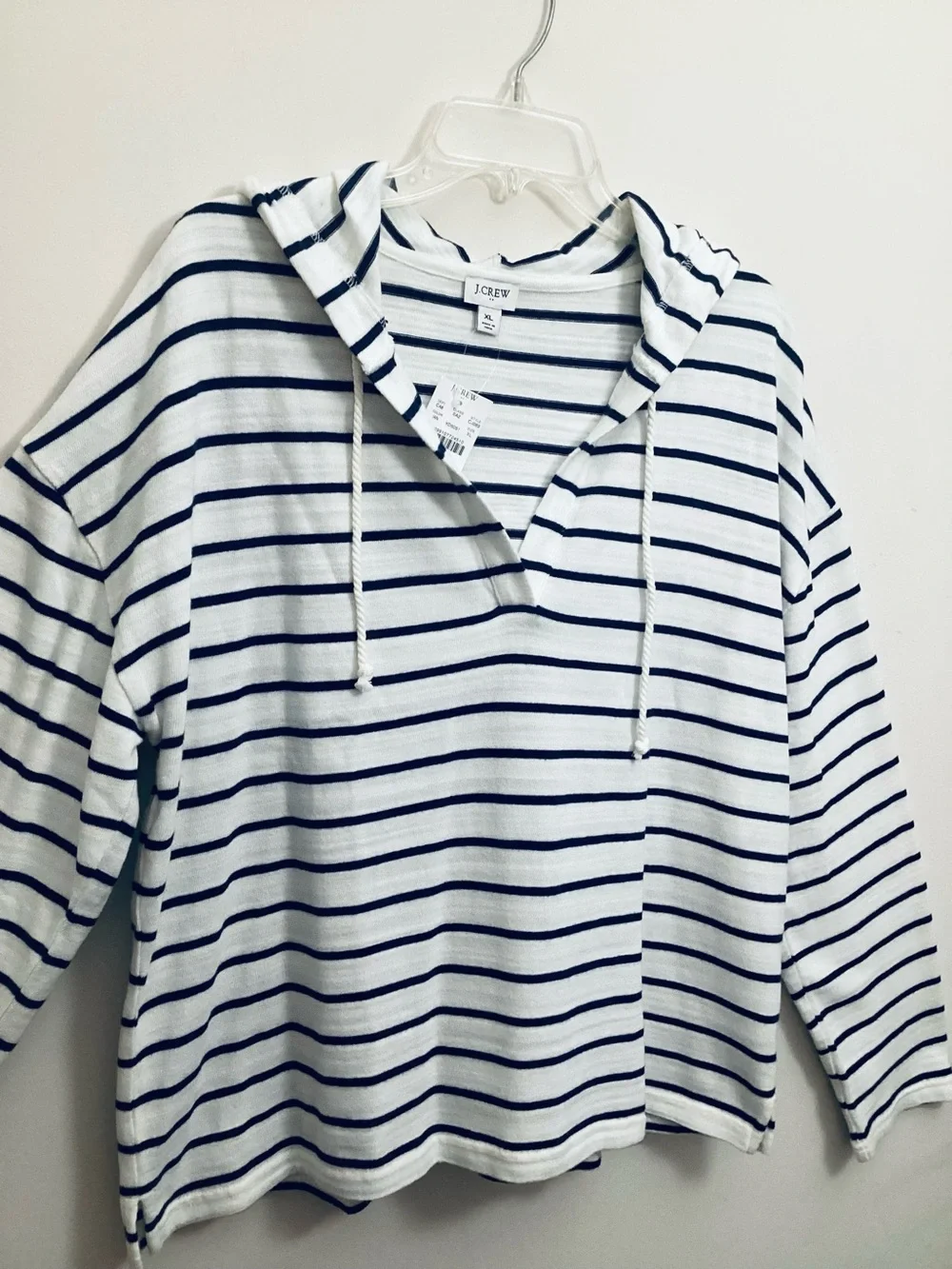 J. Crew Navy White Striped V-Neck Pullover Cotton Sweater Hoodie XL Relaxed NWT
